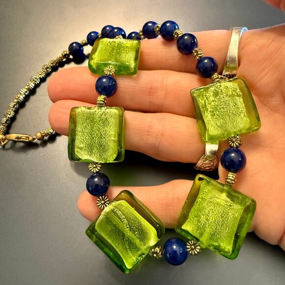 Vibrant Green Dark Blue Glass Beaded Artisan Collar Necklace - Picture 8 of 8